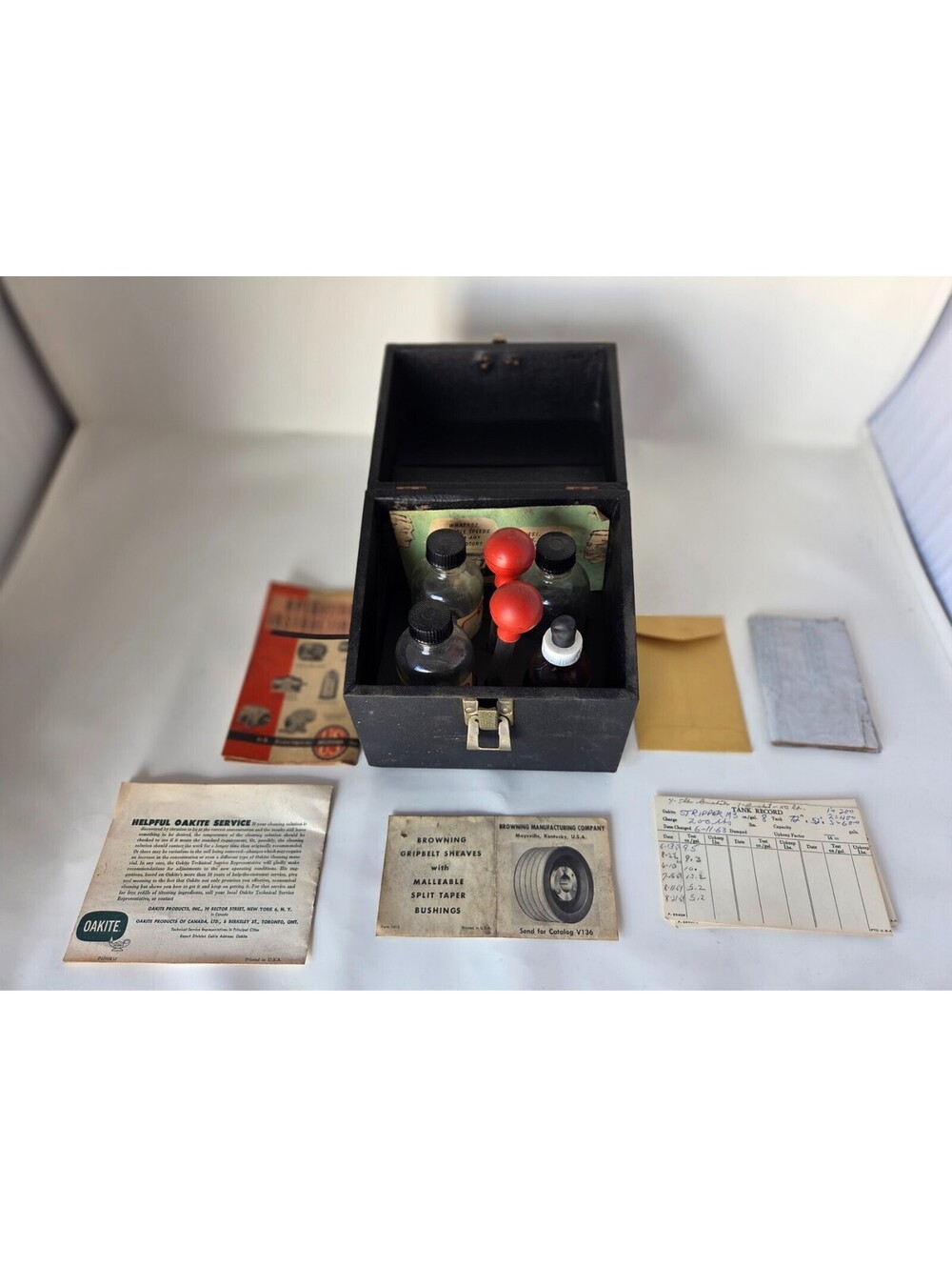 Vintage Oakite Titrating Equipment Kit with Glass Bottles Papers Boxed Set